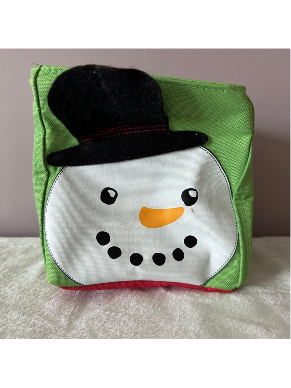 Thirty-One Snowman Fabric Bin Holiday Decor Green Red Gift Storage Bag